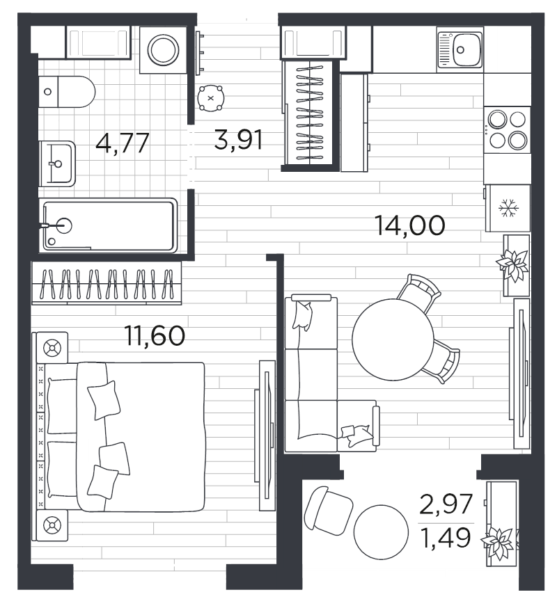 1-комнатная квартира, 35.77 м² в ЖК "PLUS Пулковский" - планировка, фото №1