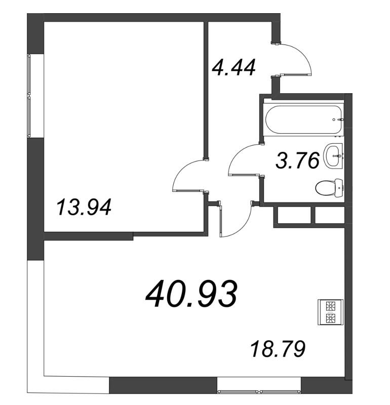 2-комнатная (Евро) квартира, 40.93 м² - планировка, фото №1