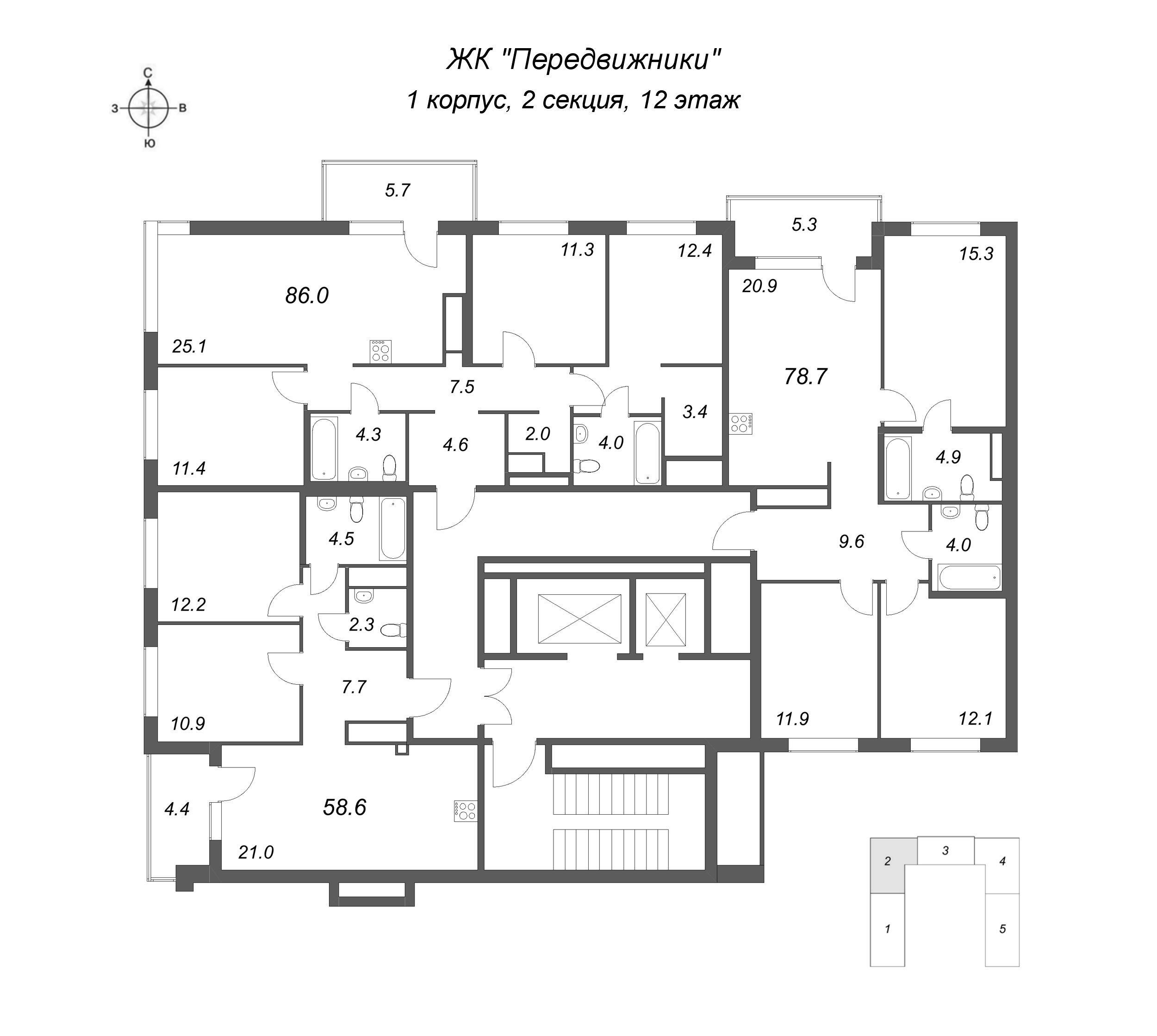 3-комнатная (Евро) квартира, 58.6 м² в ЖК "Передвижники" - планировка этажа