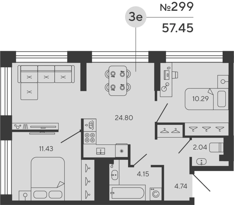 3-комнатная (Евро) квартира, 57.45 м² в ЖК "Bashni Element" - планировка, фото №1