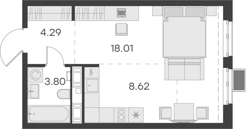 Квартира-студия, 34.72 м² в ЖК "GloraX Балтийская" - планировка, фото №1