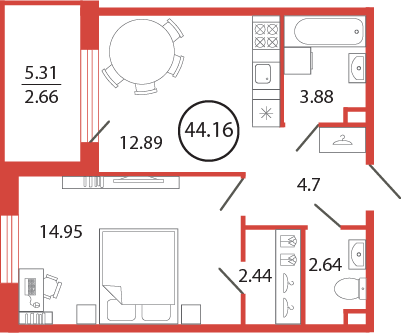 1-комнатная квартира, 44.16 м² в ЖК "Энфилд" - планировка, фото №1