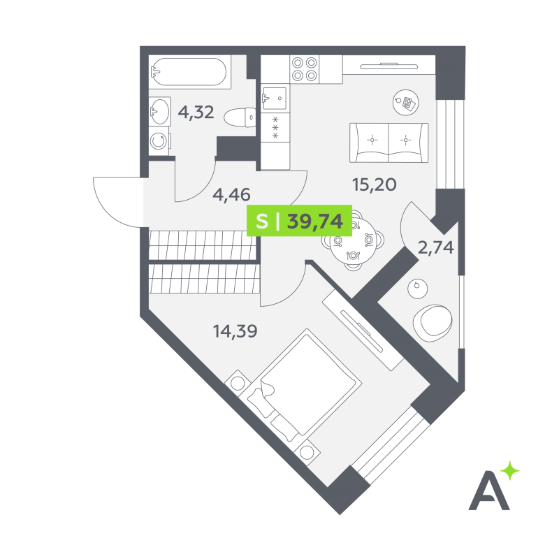 2-комнатная (Евро) квартира, 39.74 м² в ЖК "Аквилон РекаПарк" - планировка, фото №1