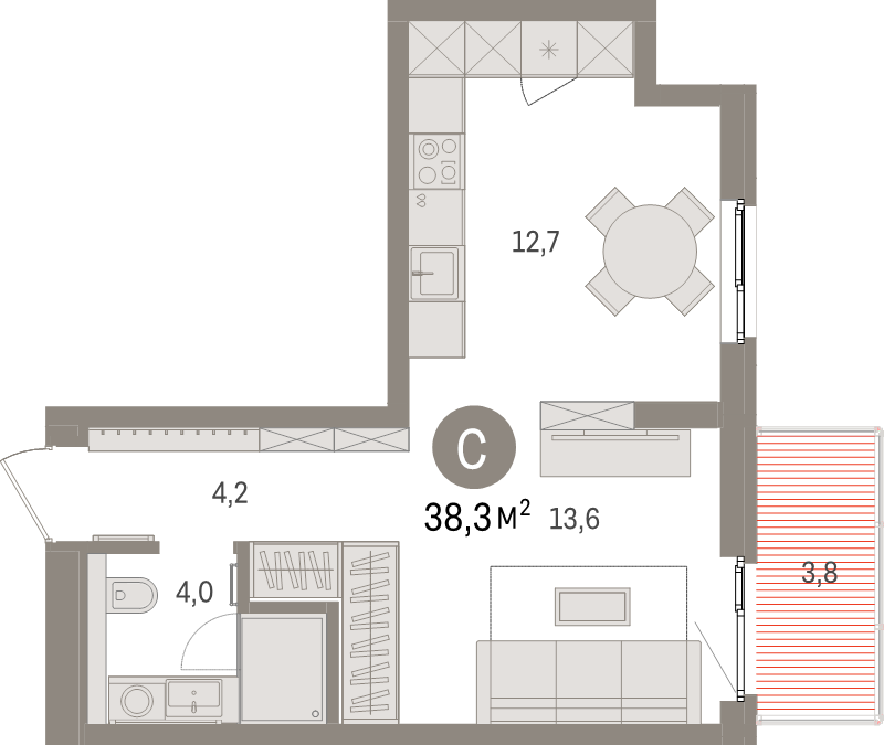 Квартира-студия, 38.3 м² в ЖК "Брусника в Новоселье" - планировка, фото №1