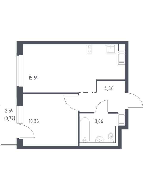 2-комнатная (Евро) квартира, 35.08 м² в ЖК "Квартал Торики" - планировка, фото №1