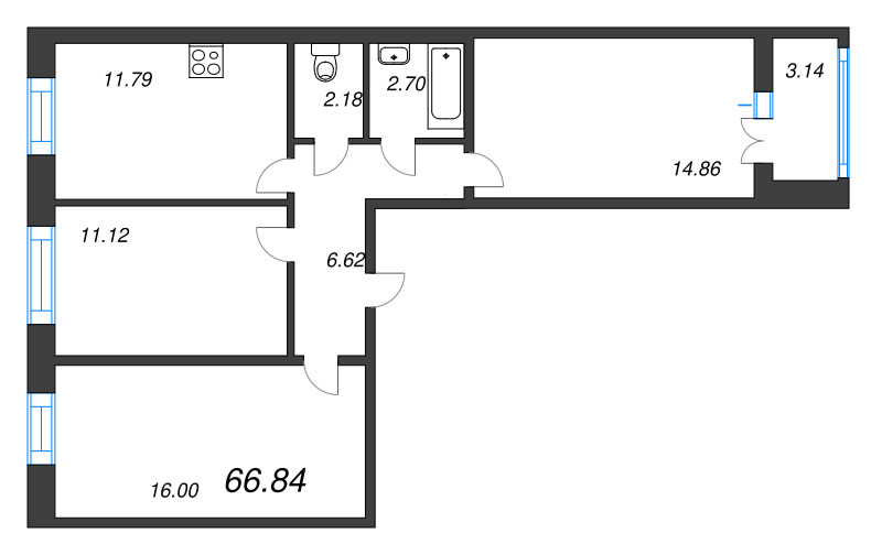 3-комнатная квартира, 66.84 м² - планировка, фото №1