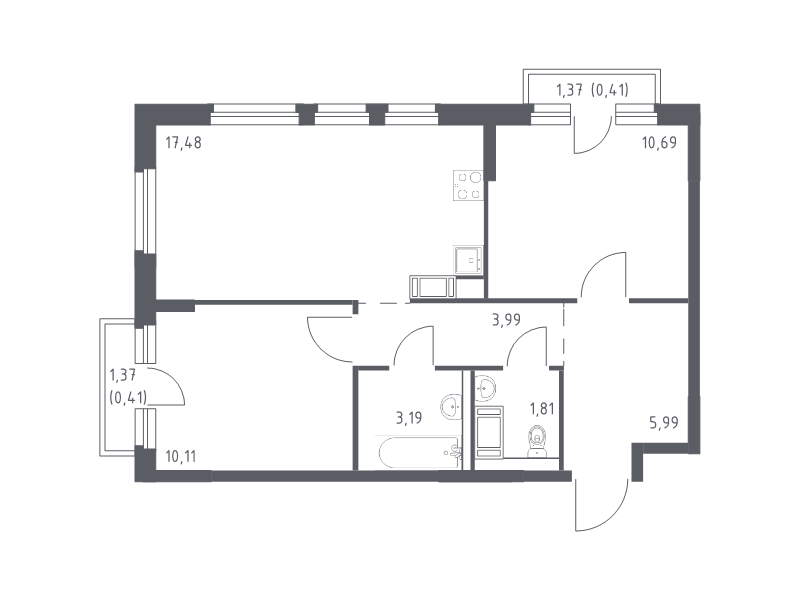 3-комнатная (Евро) квартира, 54.08 м² - планировка, фото №1