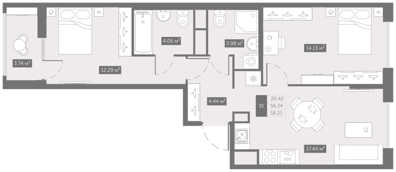 3-комнатная (Евро) квартира, 58.21 м² - планировка, фото №1