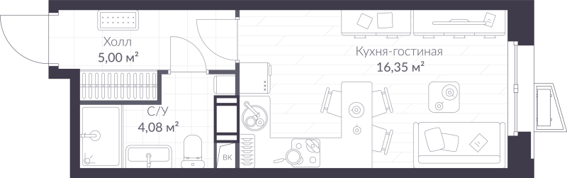 Квартира-студия, 25.43 м² в ЖК "ВЕРЕН НОРТ сертолово" - планировка, фото №1