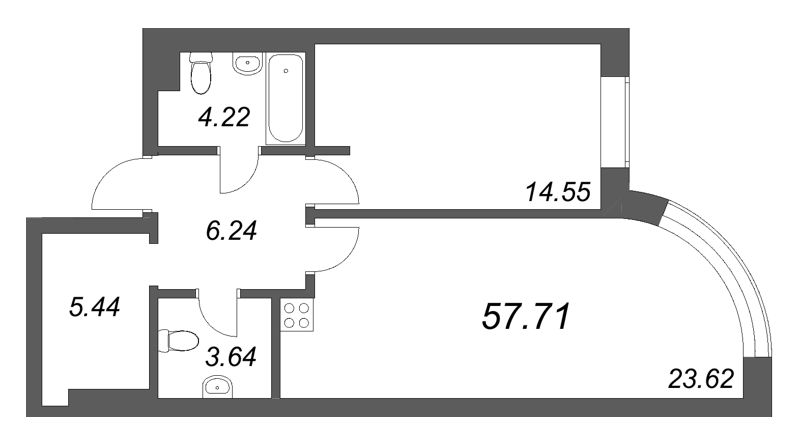 2-комнатная (Евро) квартира, 57.71 м² в ЖК "Фонтанка 130" - планировка, фото №1