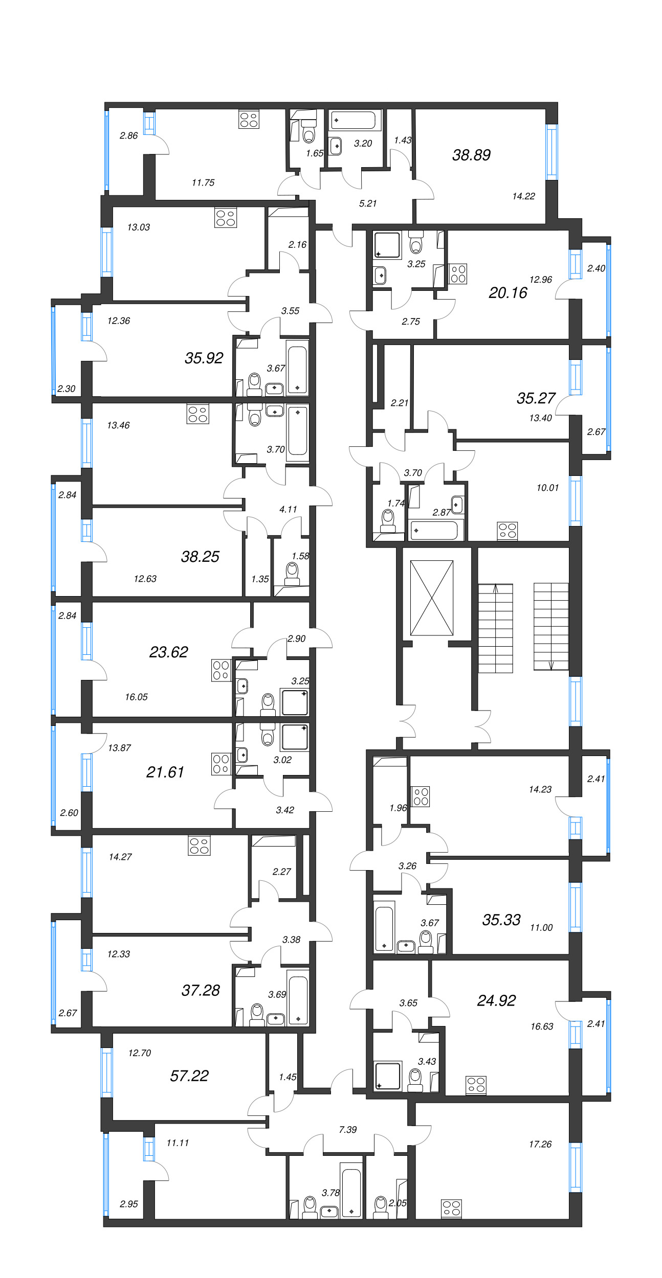 2-комнатная (Евро) квартира, 35.92 м² - планировка этажа