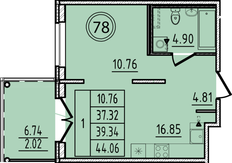 2-комнатная (Евро) квартира, 37.32 м² - планировка, фото №1