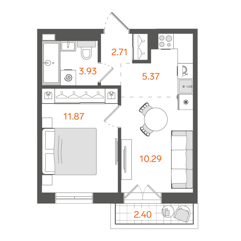 2-комнатная (Евро) квартира, 34.89 м² в ЖК "STAVNI Обводный" - планировка, фото №1