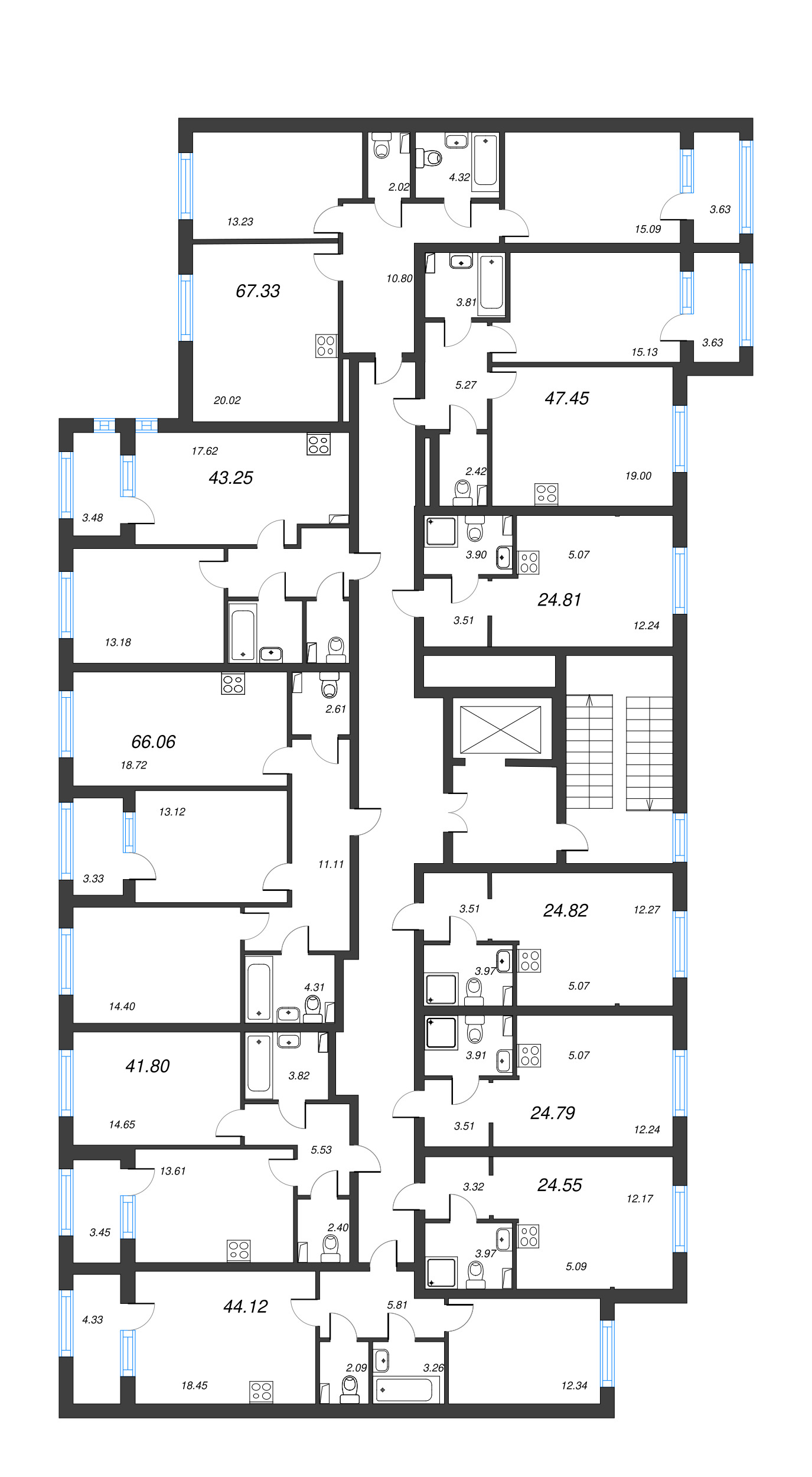 2-комнатная (Евро) квартира, 43.25 м² - планировка этажа