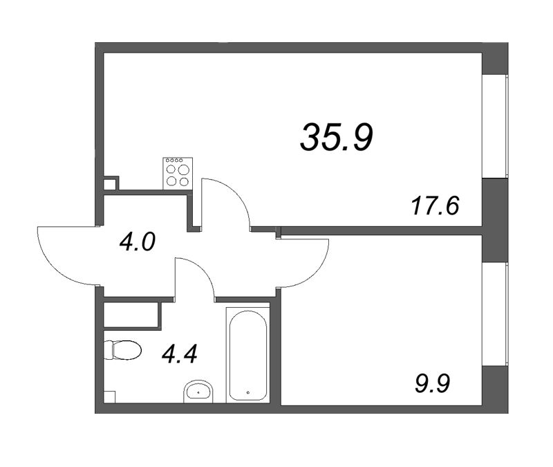 2-комнатная (Евро) квартира, 35.9 м² в ЖК "Парусная 1" - планировка, фото №1