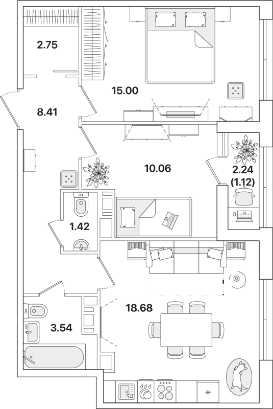 3-комнатная (Евро) квартира, 60.98 м² - планировка, фото №1
