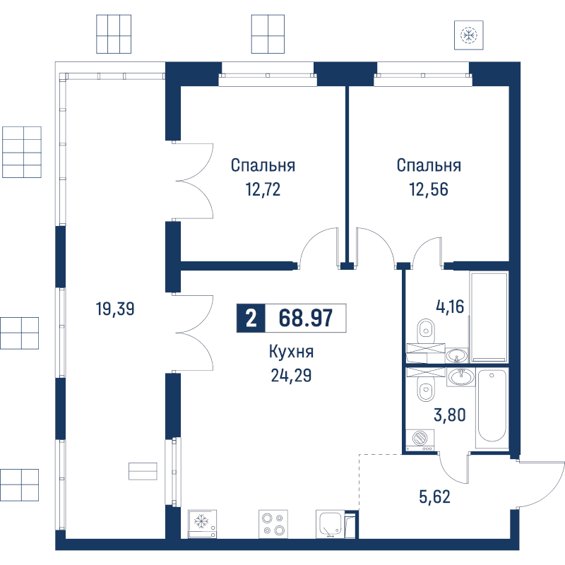 3-комнатная (Евро) квартира, 68.97 м² в ЖК "Символист" - планировка, фото №1