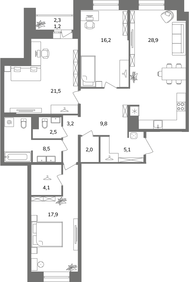 4-комнатная (Евро) квартира, 120.9 м² в ЖК "Антверпен" - планировка, фото №1