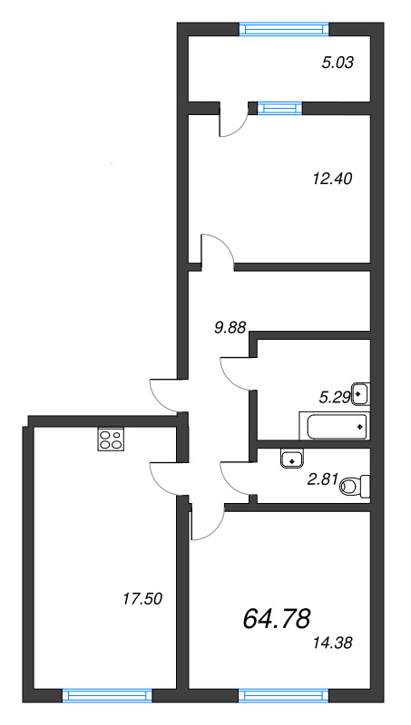 3-комнатная (Евро) квартира, 64.78 м² - планировка, фото №1