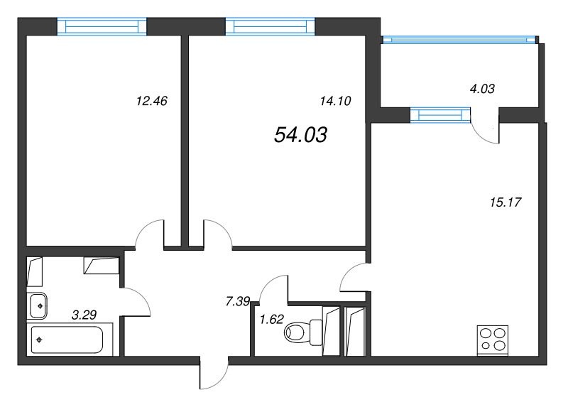 3-комнатная (Евро) квартира, 54.03 м² в ЖК "ЮгТаун" - планировка, фото №1