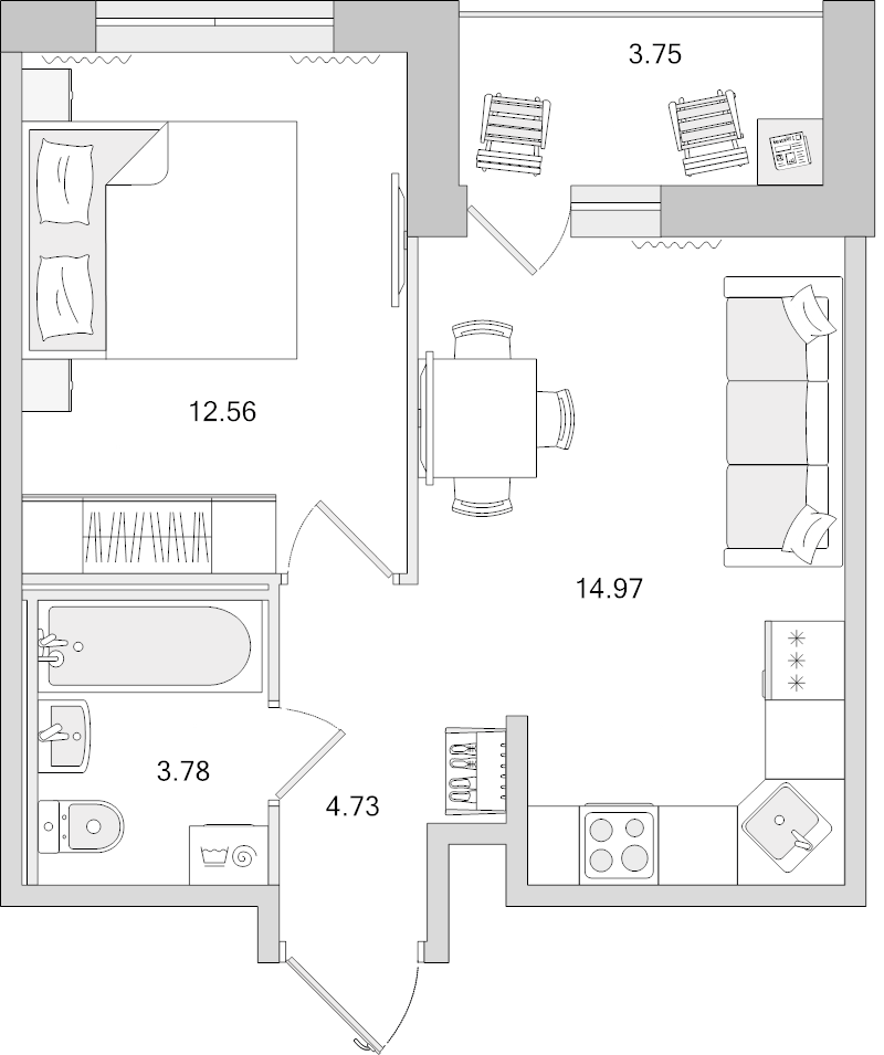 2-комнатная (Евро) квартира, 39.79 м² в ЖК "Dreamline" - планировка, фото №1