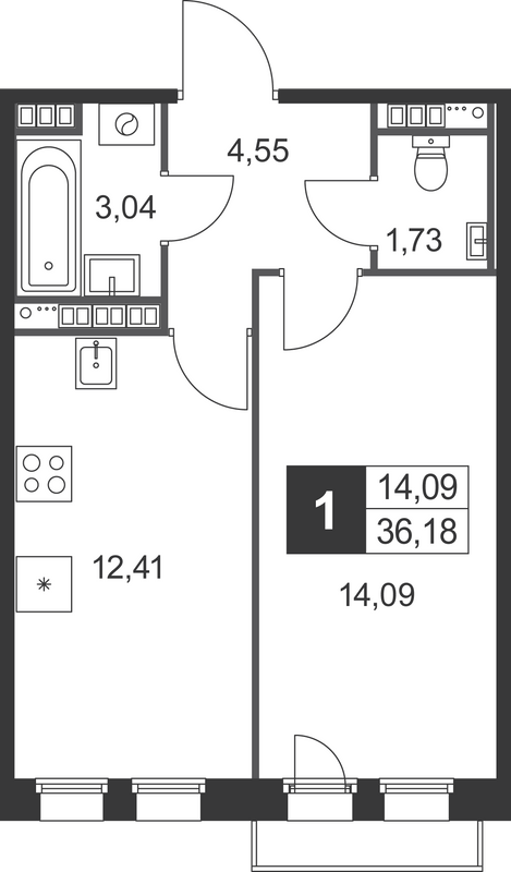 1-комнатная квартира, 36.18 м² в ЖК "Слобода" - планировка, фото №1