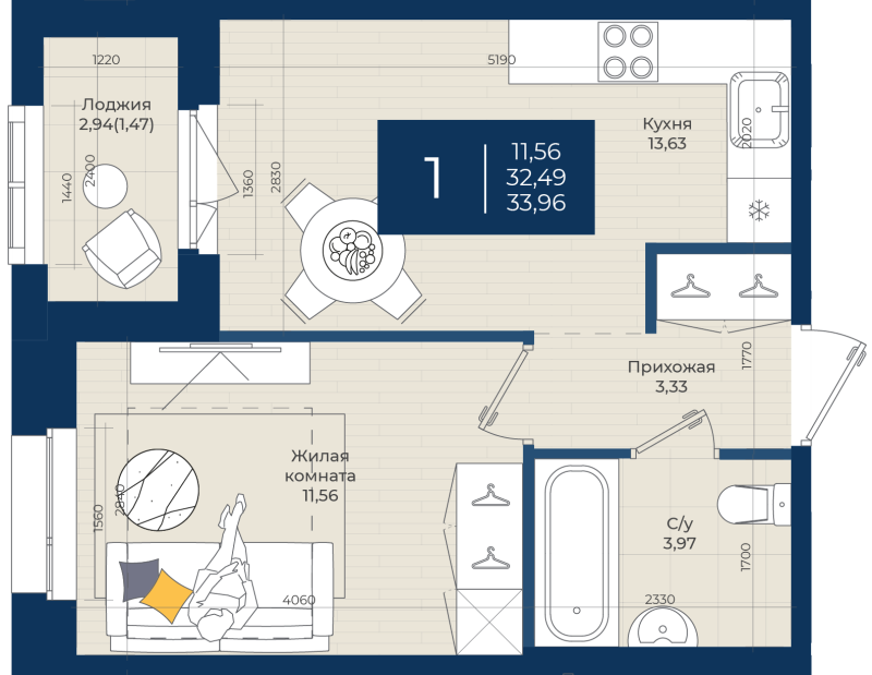 1-комнатная квартира, 33.96 м² в ЖК "Новатория" - планировка, фото №1