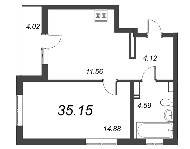 1-комнатная квартира, 35.15 м² - планировка, фото №1