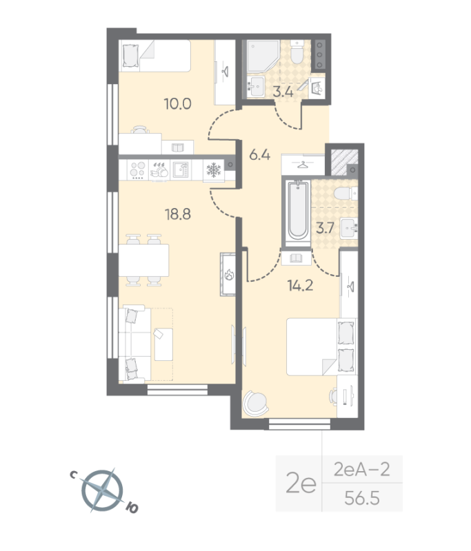 3-комнатная (Евро) квартира, 56.5 м² в ЖК "Пулково Lake" - планировка, фото №1
