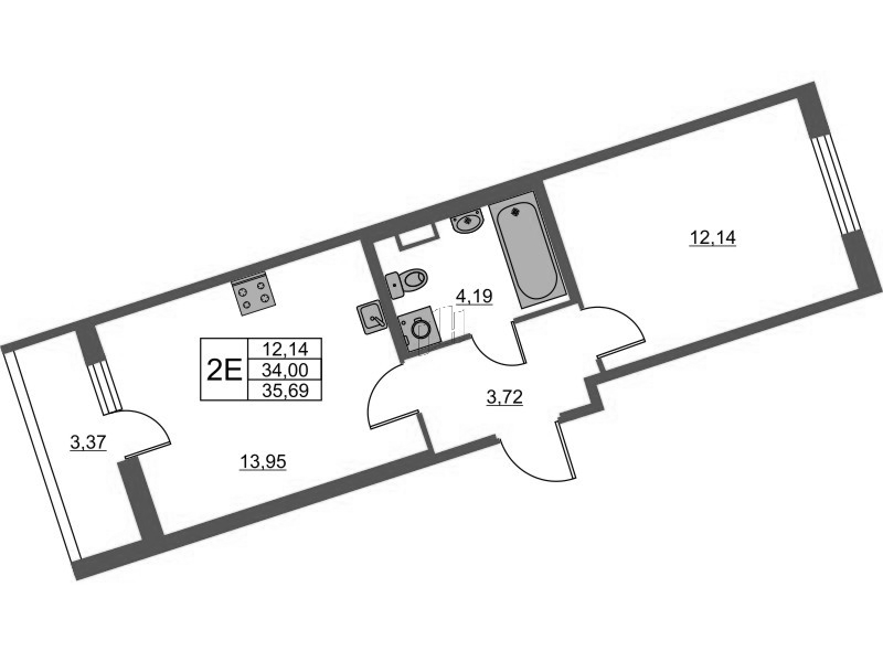2-комнатная (Евро) квартира, 35.69 м² - планировка, фото №1