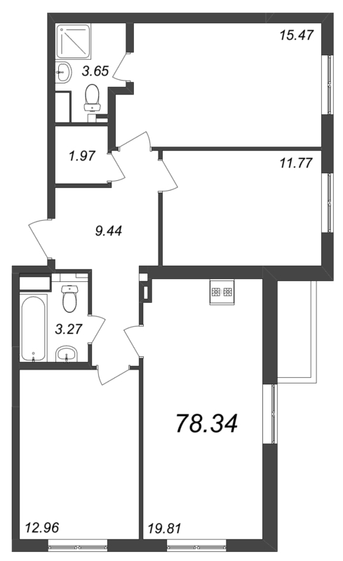 3-комнатная квартира, 78.34 м² - планировка, фото №1