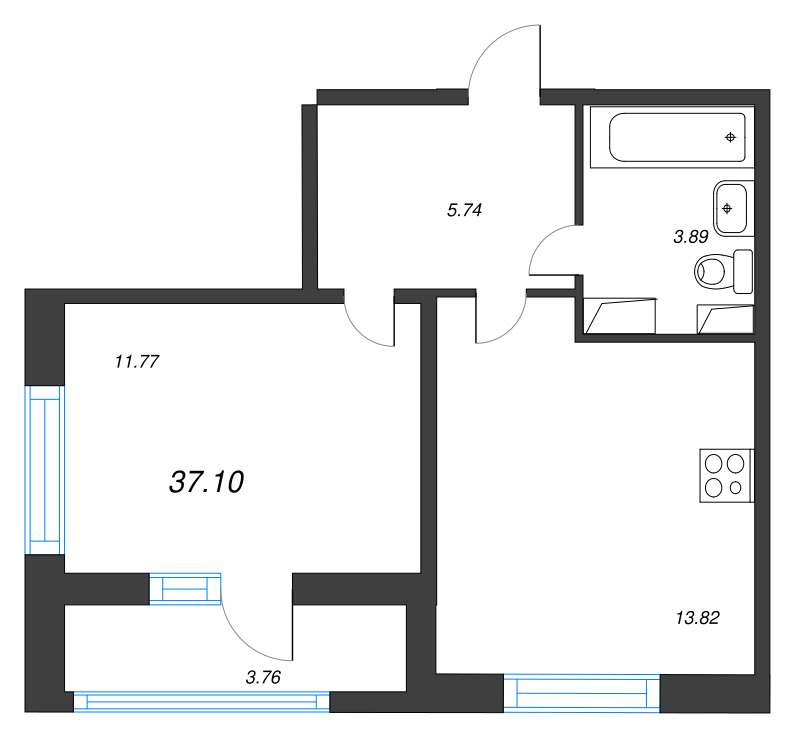 2-комнатная (Евро) квартира, 37.1 м² - планировка, фото №1