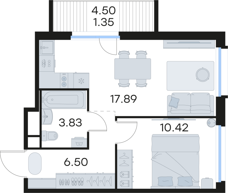 2-комнатная (Евро) квартира, 39.99 м² в ЖК "GloraX Парголово" - планировка, фото №1