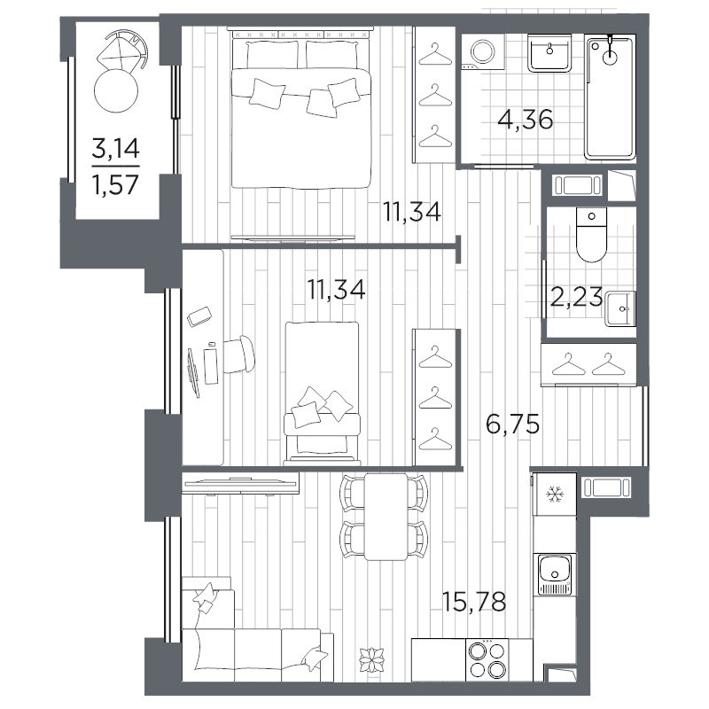 3-комнатная (Евро) квартира, 53.37 м² в ЖК "Оптимист" - планировка, фото №1