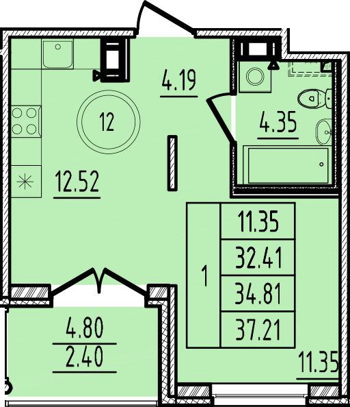 1-комнатная квартира, 32.41 м² в ЖК "Образцовый квартал 14" - планировка, фото №1