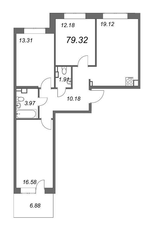 3-комнатная квартира, 80.3 м² - планировка, фото №1