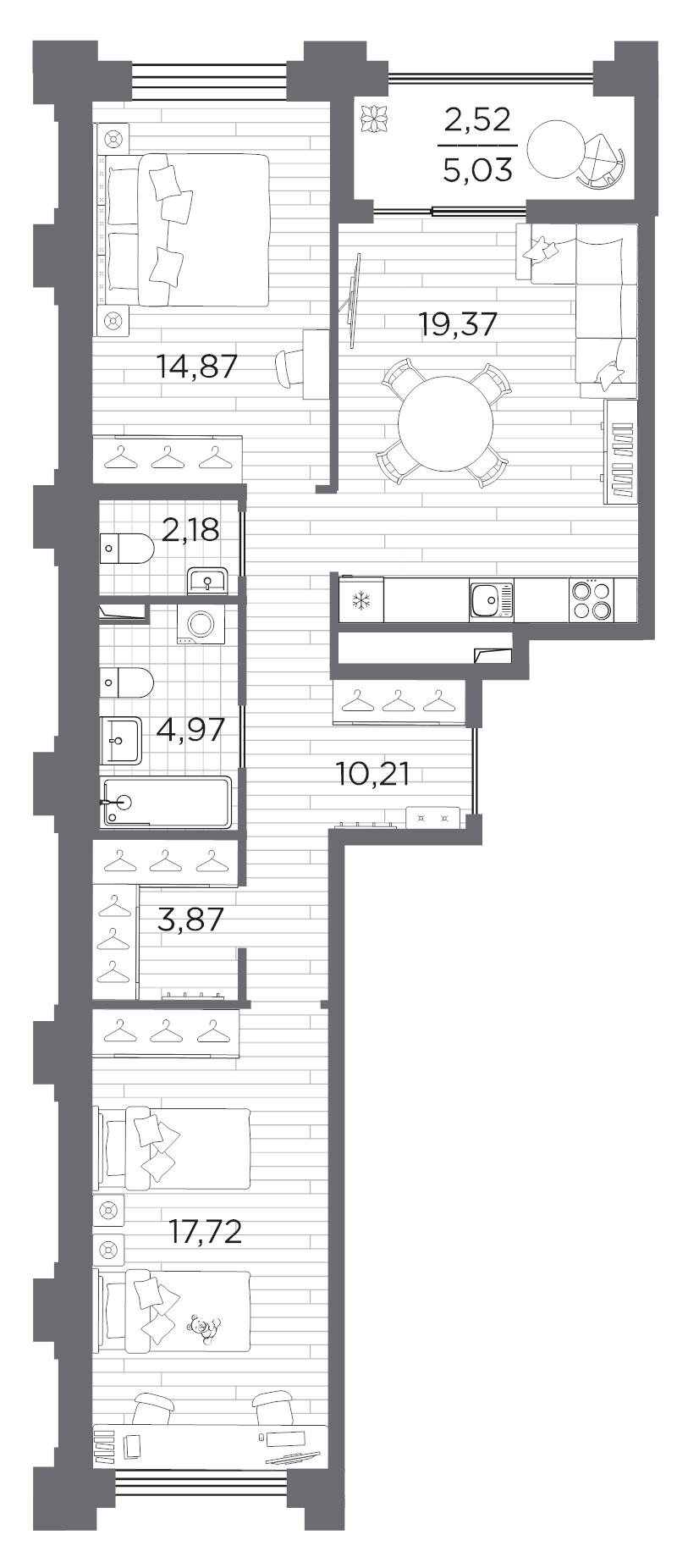 3-комнатная (Евро) квартира, 75.71 м² в ЖК "Ассамблея" - планировка, фото №1