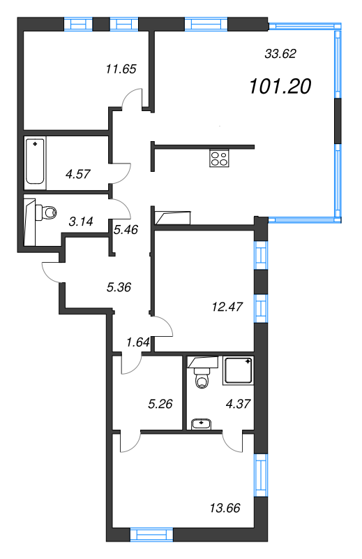 4-комнатная (Евро) квартира, 101.2 м² - планировка, фото №1