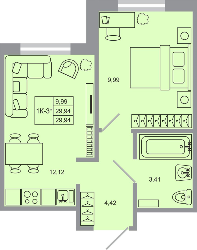 1-комнатная квартира, 29.94 м² - планировка, фото №1