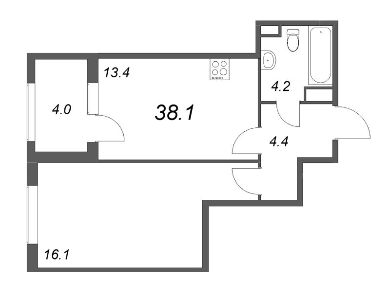 1-комнатная квартира, 38.1 м² - планировка, фото №1