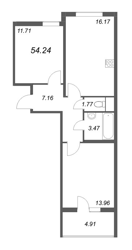 3-комнатная (Евро) квартира, 54.24 м² в ЖК "Любоград" - планировка, фото №1