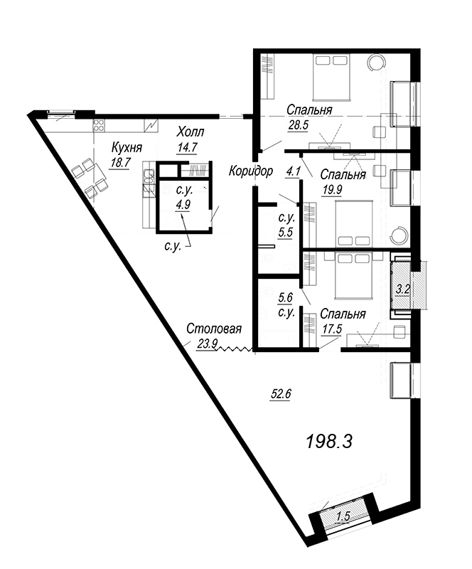 4-комнатная квартира, 188.38 м² - планировка, фото №1