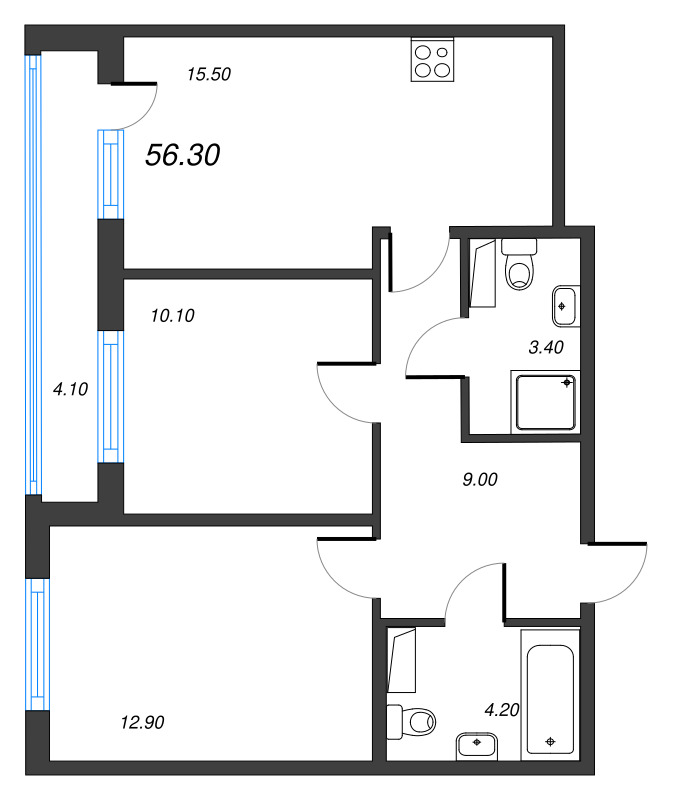 3-комнатная (Евро) квартира, 56.3 м² в ЖК "Парусная 1" - планировка, фото №1