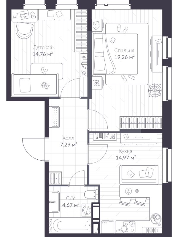 2-комнатная квартира, 61.1 м² - планировка, фото №1