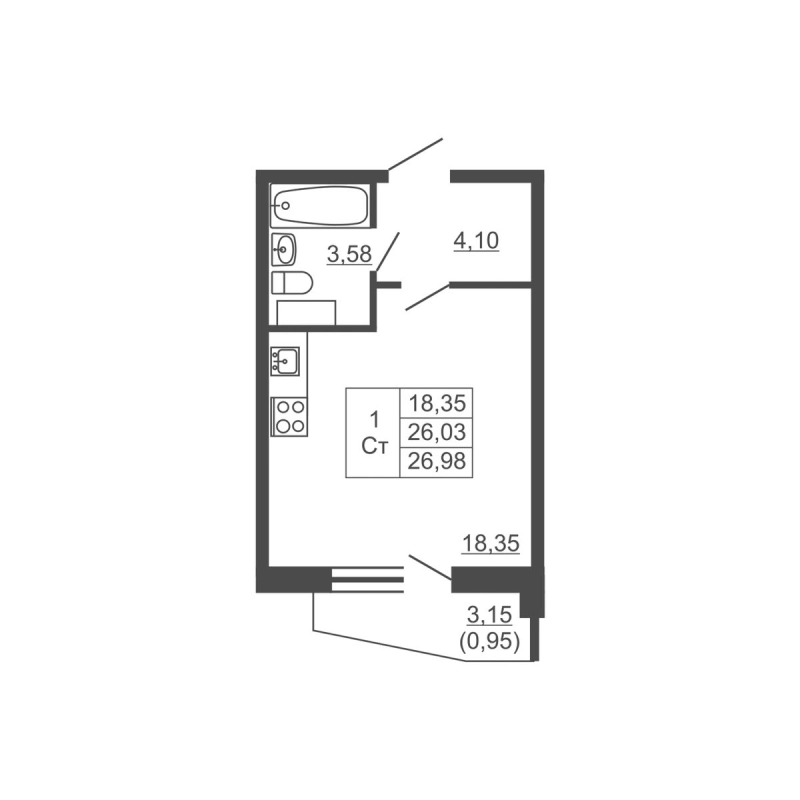 Квартира-студия, 26.98 м² в ЖК "Тандем" - планировка, фото №1