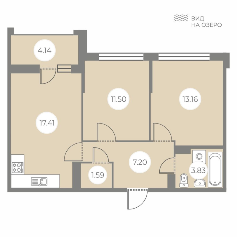 3-комнатная (Евро) квартира, 56.76 м² в ЖК "БФА в Озерках" - планировка, фото №1