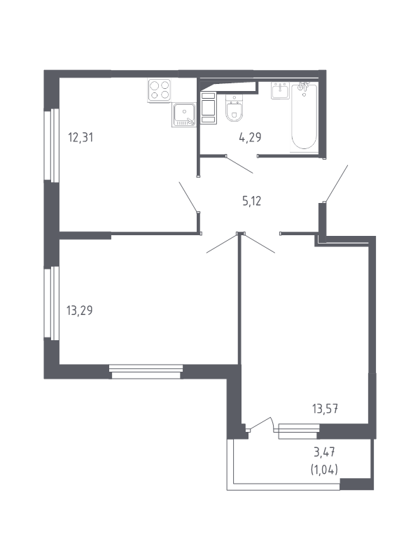 2-комнатная квартира, 49.62 м² - планировка, фото №1