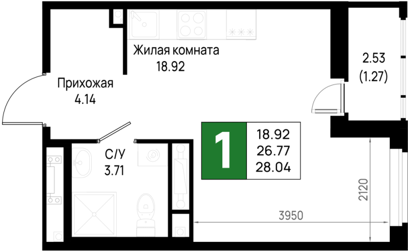 Квартира-студия, 28.04 м² - планировка, фото №1