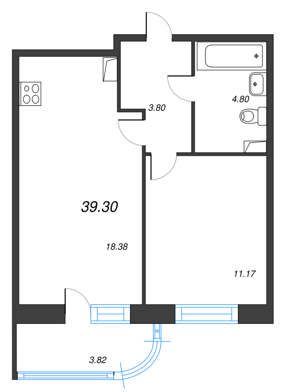 2-комнатная (Евро) квартира, 39.3 м² в ЖК "Энфилд" - планировка, фото №1