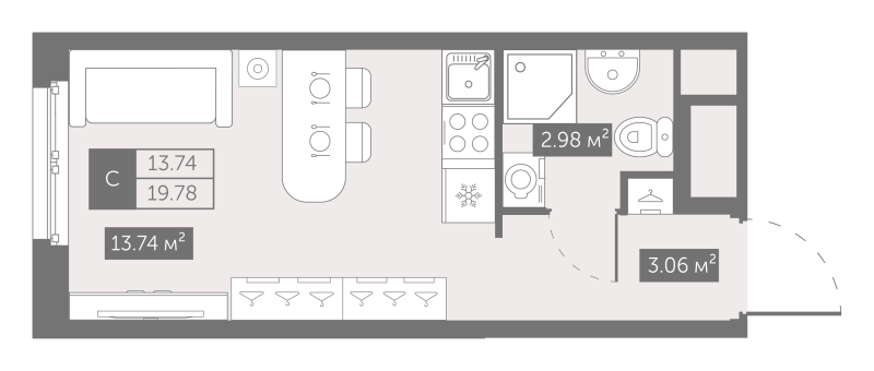 Квартира-студия, 19.78 м² в ЖК "Zoom на Неве" - планировка, фото №1